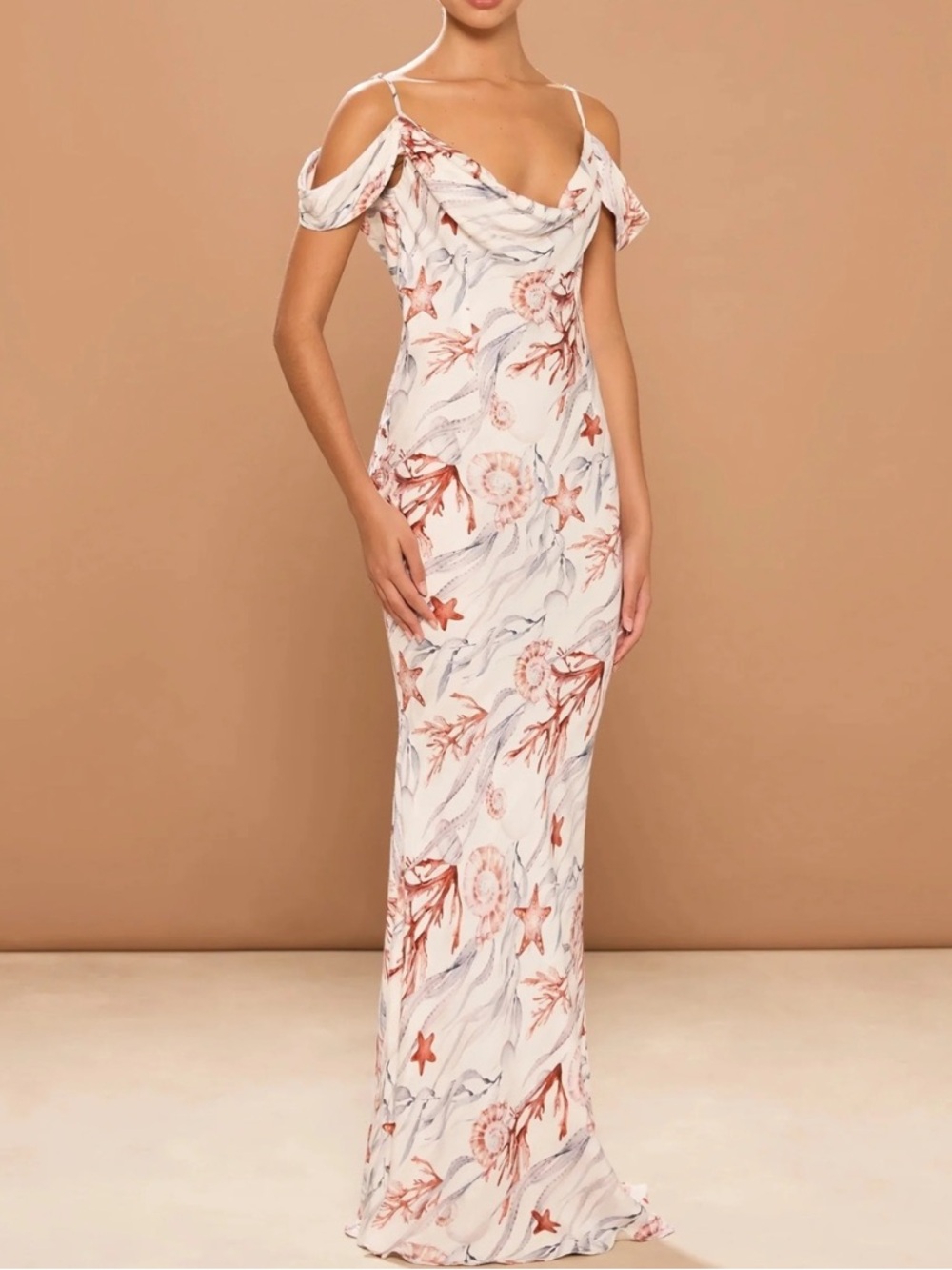 Sonya Moda Del La Mer Maxi Dress Gown White Ocean Sea Marine Draped Cowl Neck S